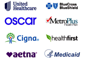 Collage of multiple health insurance logos including UnitedHealthcare, BlueCross BlueShield, Oscar, MetroPlus, Cigna, Healthfirst, Aetna, Medicaid, and more.